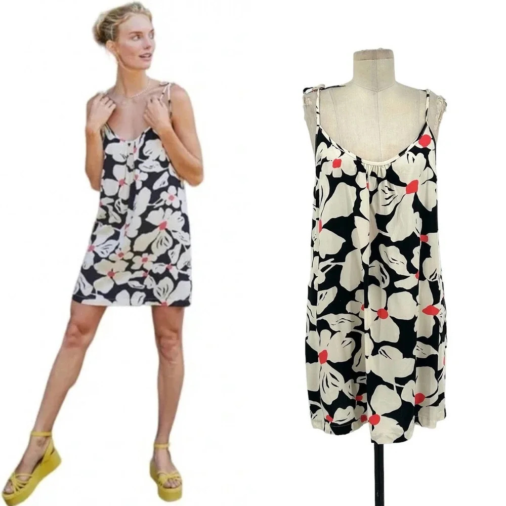 ModCloth Paradise-Worthy Tie-Shoulder Dress Black Cream‎ Floral Size Medium